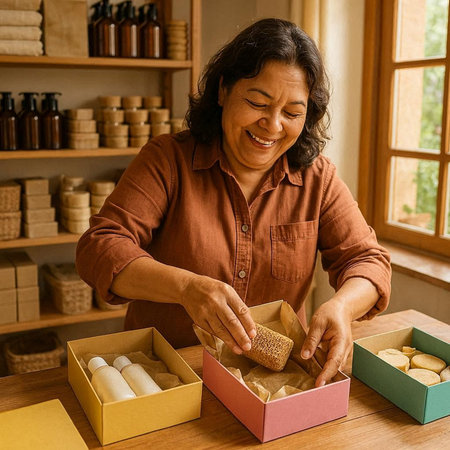 Smiling mature woman opening a gift box at the counter in the store