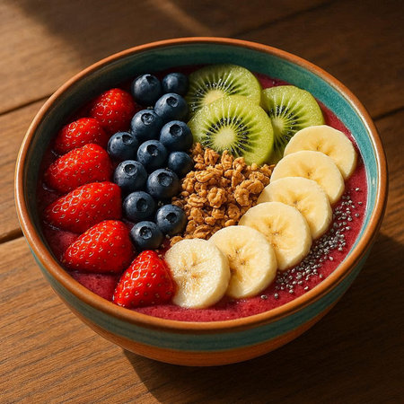 Healthy breakfast bowl with oatmeal, strawberries, blueberries, kiwi, banana and granola