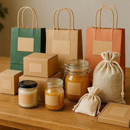 Zero waste shopping concept. Paper bags and jars with food on wooden table