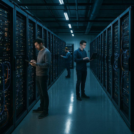 Programmers working in server room. Team of software developers working in server room.