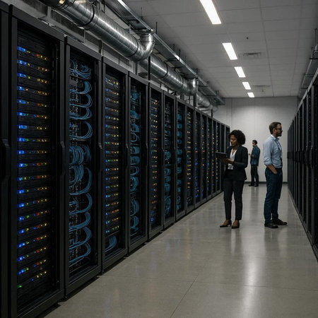Side view of diverse businesspeople standing in server room with hard drives