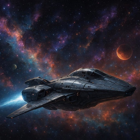 Space ship against the background of the galaxy. 3D rendering.