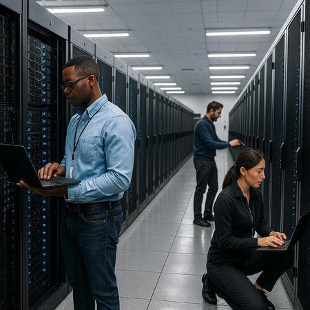 Serious african american businessman using laptop while sitting in server room
