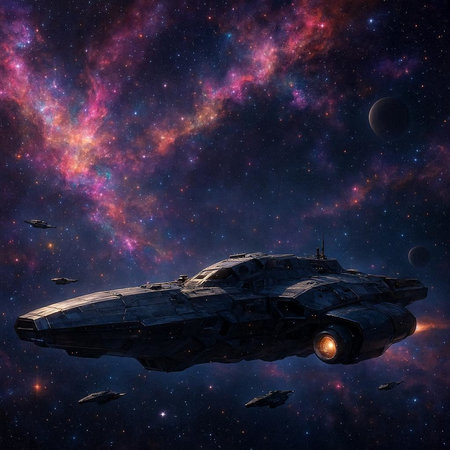 Futuristic spaceship flying in deep space. 3D rendering.