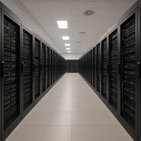 network server room with rows of servers in data center 3d rendering