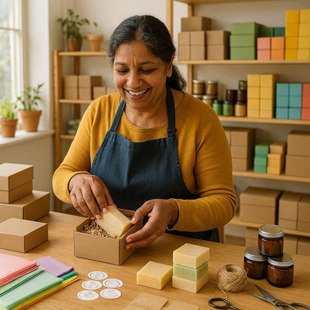 Smiling mature woman in apron packing handmade soap bars in box