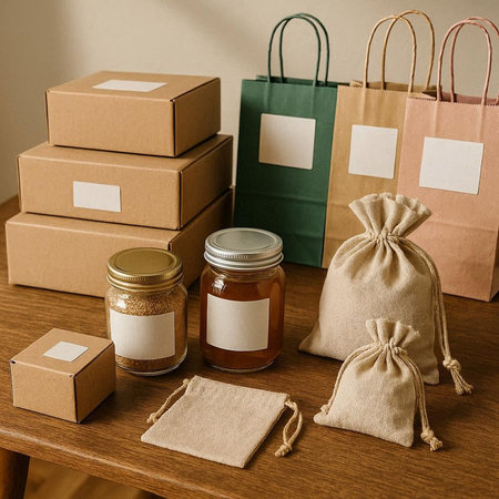Boxes, paper bags and jars of jam on a wooden table