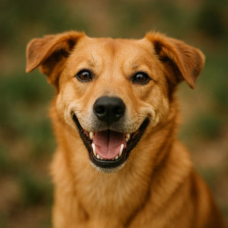 Close-up portrait of a cute red dog with open mouth.の写真素材