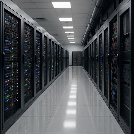 3d render server room with row of hard drives in data center