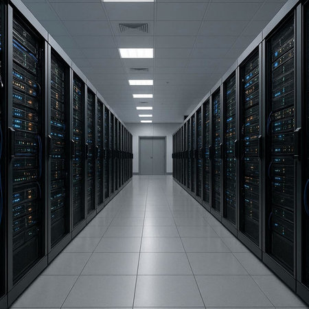 3d render of server room with row of servers. Data center