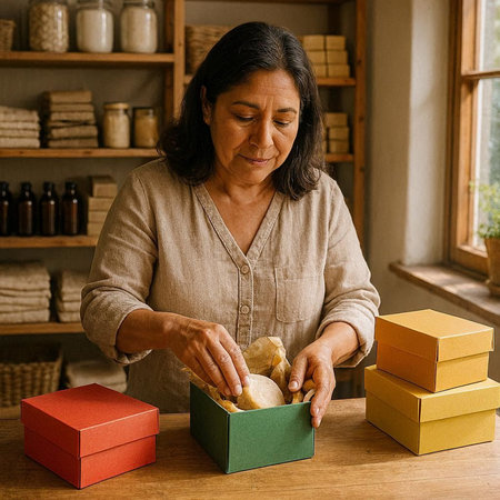 Mature woman packing a box of bread in her home kitchen.