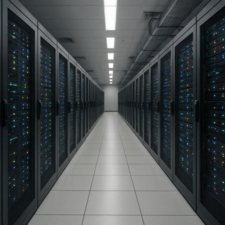 3d rendering of server room data center with rows of hard drives