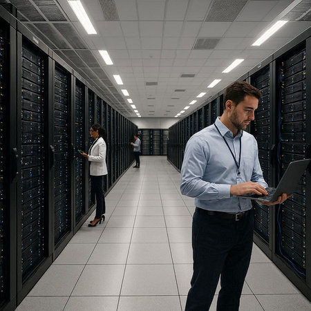 Businessman working with laptop in server room data center. 3D rendering