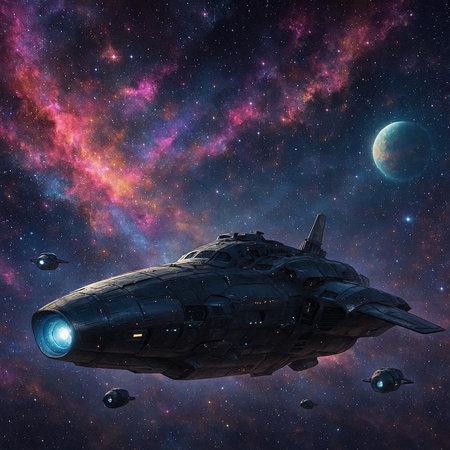 Spaceship in space against the background of the starry sky.