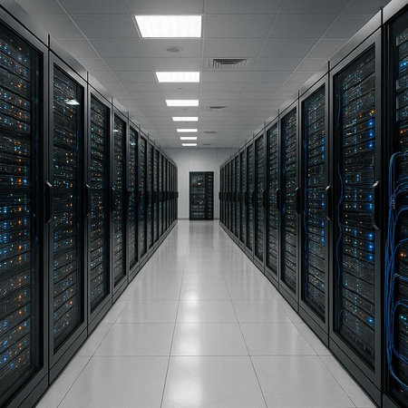 3d rendering of server room data center with rows of server racks