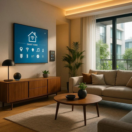 smart home system on screen in living room, 3d render conceptの写真素材