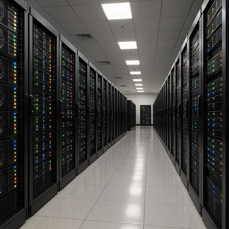 server room data center with many rows of server hardware. 3d render