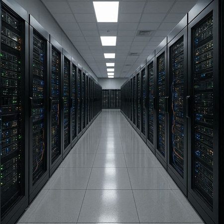 network server room with rows of server hardware 3d rendering image.