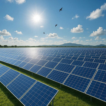 solar energy panels on green field with blue sky and white clouds