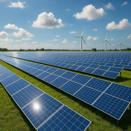 Solar panels and wind turbines on green field. Alternative energy source.