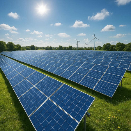 Solar panels and wind turbines in a field. Renewable energy concept