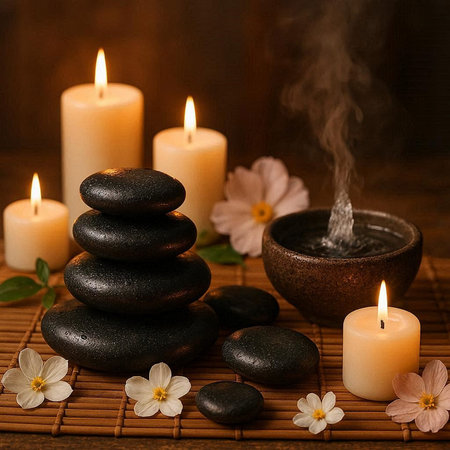 Spa still life with black stones, burning candles and flowers.