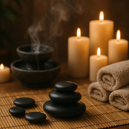 Spa still life with hot stones and candles on bamboo mat.