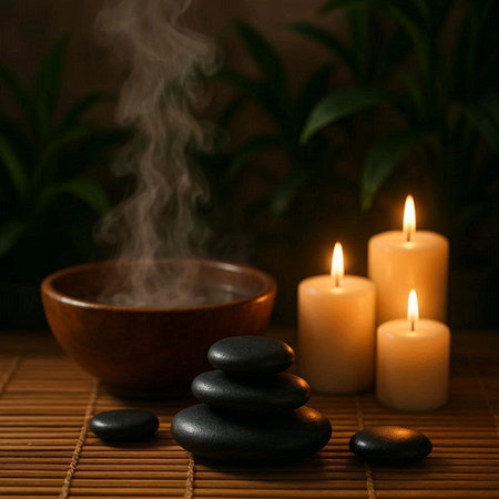 Spa still life with hot stones and burning candles on bamboo matの写真素材