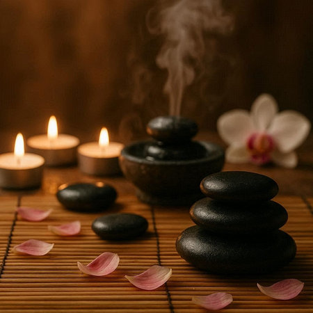 Spa stones with orchid flower and burning candles on bamboo mat