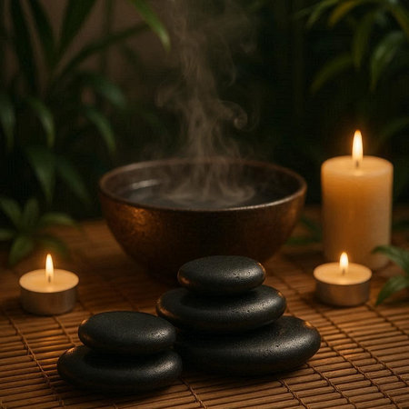 Spa still life with hot stones on bamboo mat and burning candlesの写真素材