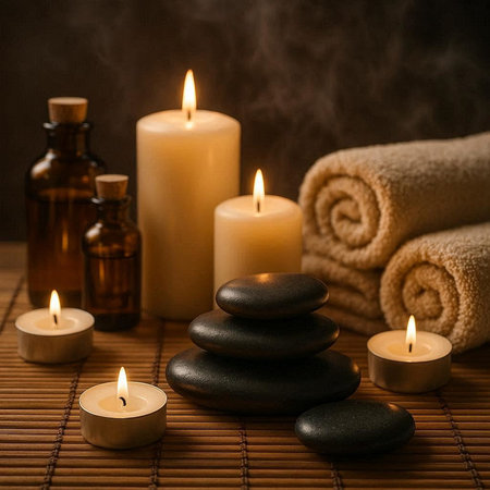 Spa still life with burning candles and massage stones on bamboo matの写真素材