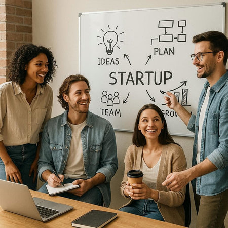 Startup. Group of young people in casual wear sitting at the table and smiling while working on projectの写真素材