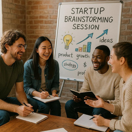 Group of young multiethnic business people sitting at table in office and discussing business...