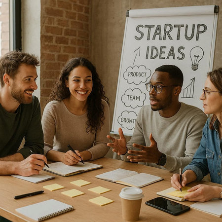 Group of young multiethnic business people in smart casual wear sitting at a table in a modern...