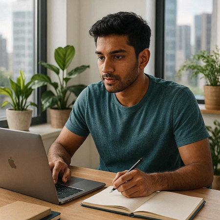 Image of concentrated young man using laptop while writing in notebook at table in office