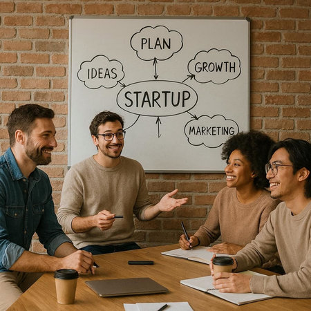 Group of multiethnic students sitting at a desk in front of a whiteboard and having a brainstorming...