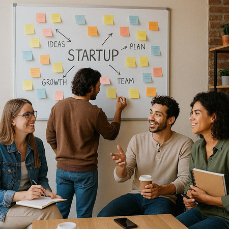 Group of multiethnic young people sitting at the table in front of a whiteboard with sticky notes on...