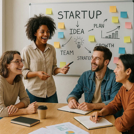 Startup Teamwork Brainstorming Planning Strategy Concept. Multiethnic Group Of Businesspeople Having...