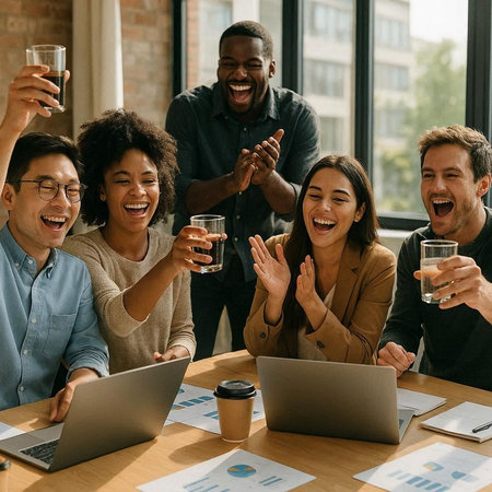 Group of happy multiethnic business people in smart casual wear having fun while sitting at the...
