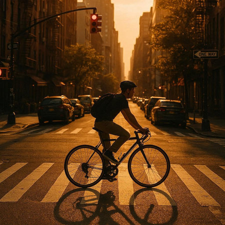 Cyclist in the city street at sunset. Man riding bicycleの写真素材