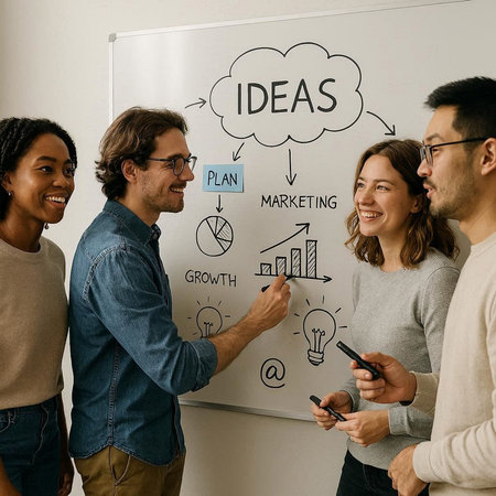 Group of business people brainstorming on a whiteboard in a meeting