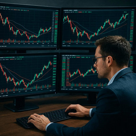 Side view of businessman using computer with stock market chart on the screen