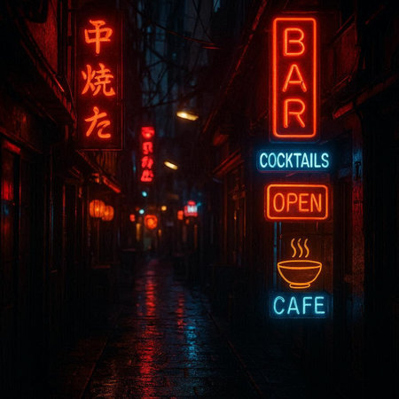 Cafe neon signs on the street in Hong Kong at night.の写真素材