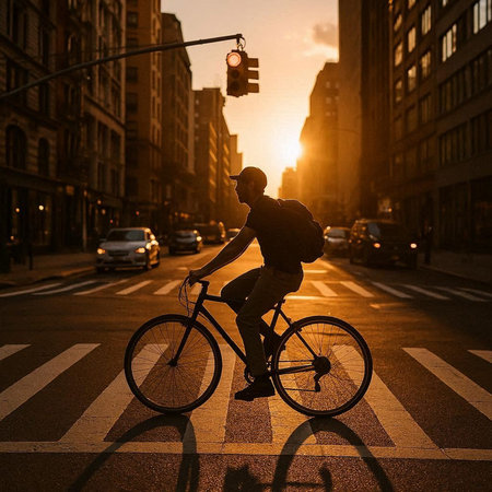 Silhouette of a man riding a bicycle on the street at sunset