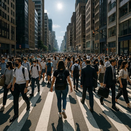 Crowds of people crossing the street in Manhattan.