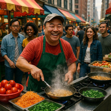 Asian man cooking at street food market in New York.の写真素材
