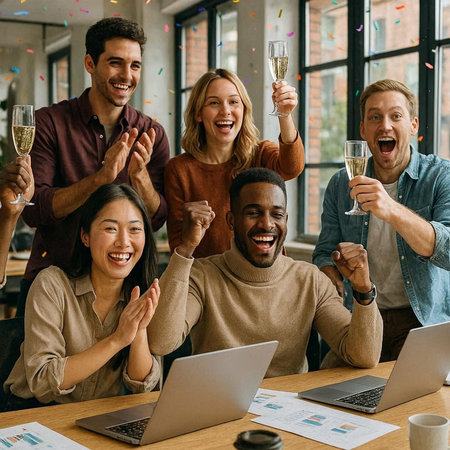 Cheerful diverse businesspeople clinking glasses of champagne and smiling while working together in...