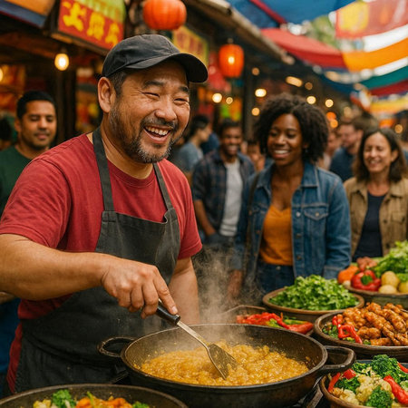 Cheerful Asian man cooking food at the street food market.