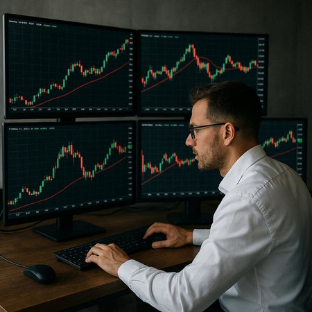 businessman in eyeglasses working on computer with stock market chart on screen