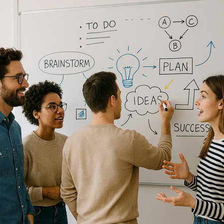 Group of young business people brainstorming together on a whiteboard.の写真素材